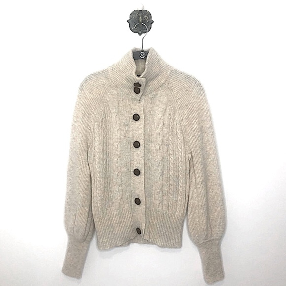 J. Crew Oatmeal Cream Cable Knit Cardigan Wool Blend Balloon Sleeve Sweater